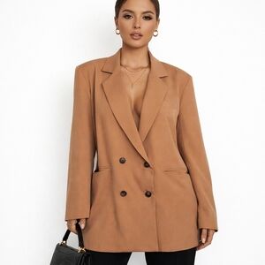 Women's Button Blazer Jacket XXL Pockets Brown Tan Classic Chic Career Retro
